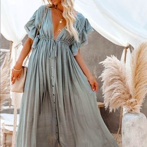 VICI - ANIKA POCKETED BUTTON DOWN RUFFLE MAXI DRESS - SAGE DUST - small